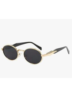 Oval Gold Metal Frame Sunglasses Black Gradient Lenses Retro Vintage Style Black